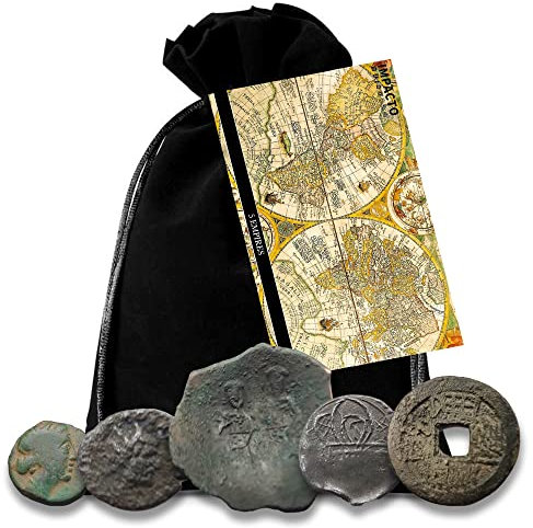 IMPACTO COLECCIONABLES Pièces de collection anciennes authentiques dans une pochette en velours - Collection 5 Empires - grec, romain, byzantin, ottoman et chinois - limitée. Certificat d'authenticité