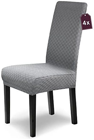 Scheffler Home Stuhlhussen Emil Grau 4er Set Elastische Stuhlbezüge mit edlem Schachbrett-Design in 3D-Struktur – Waschbare Hussen für Schwingstühle & Esszimmerstühle – Öko-Tex Zertifiziert