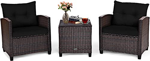KOMFOTTEU Balkonmöbel, Rattan Gartensitzgruppe mit Couchtisch & 2 Stühle, Balkontisch mit Glasplatt, Gartenlounge Set mit Kissen, 3 teiliges Gartenmöbel Set für Terrasse Balkon (Braun & Schwarz)