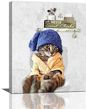 Funny Bathroom Cat Wall Art Bathroom Animal Cat on Toilet Pictures Wall Decor Funny Cat Bathroom Sign Canvas Prints Painting Modern Home Framed Artwork For WC Toilet Restroom 16x20