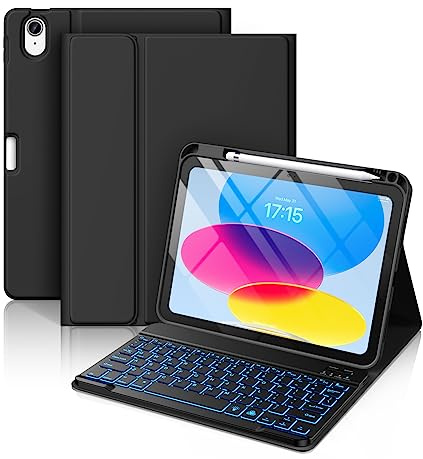 Hamile Custodia per iPad di 10a generazione con tastiera, custodia con tastiera per iPad 10,9 pollici 2022, 7 colori, retroilluminata, wireless, staccabile, con portamatite, per iPad di 10a