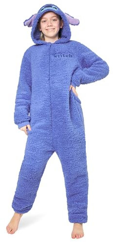 Disney Pigiama Intero Bambina - Pigiamone Stitch in Pile con Zip 4-15 Anni - Pigiami Interi con Cappuccio Gadget Regalo (Blu Stitch, 11-12 Anni)