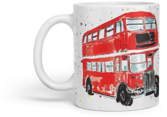 Vixar Taza con diseño de autobús de Londres, diseño de autobús clásico, color rojo, acuarela, regalo de cumpleaños, trabajo, oficina, té, café (blanco)