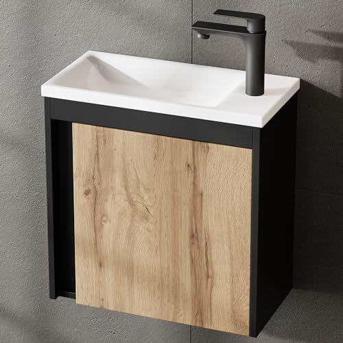 Planetmöbel Juego de muebles de baño de 2 piezas, lavabo con armario inferior, 50 x 48,3 x 24,8 cm, color negro mate/roble Wotan, armario bajo lavabo con lavabo blanco