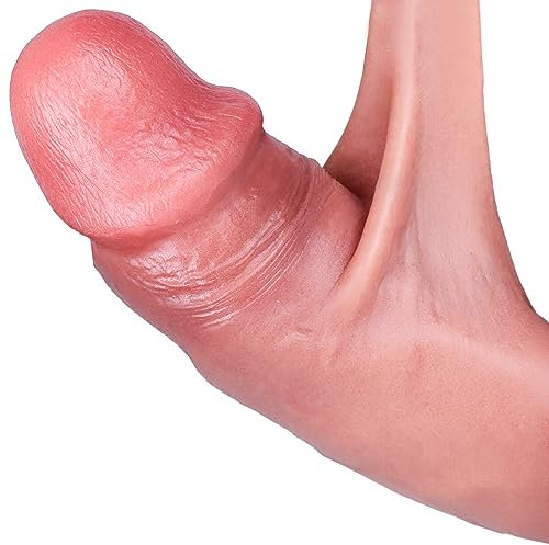 Twinice Gode réaliste non coupé, Gode avec prépuce coulissant, Gode réaliste avec prépuce, Gode double en silicone avec prépuce coulissant spécialement conçu pour les femmes., Flesh