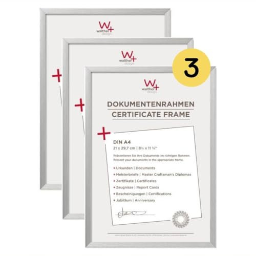 walther design Bilderrahmen silber 21 x 29,7 cm (DIN A4) Aluminium Dokumentenrahmen 3er Pack, Chair Alurahmen AJ130S3