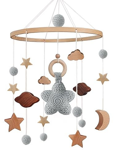 Mobile Baby - Mobile babybett Baby Spielzeug mit Häkeln Stern Mond Wolken Grau Baby Mobile für bett | Holz Mobile Baby Windspiel Geschenk für mädchen oder Jungen