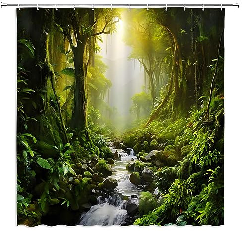 ZWSMZW Fantasy Green Jungle Duschvorhang, tropischer Regenwald, natürliche Pflanze, Wald, Wasserfall, Berg, Outdoor, Bach, Badezimmer, Dekor, Stoffvorhänge mit Haken