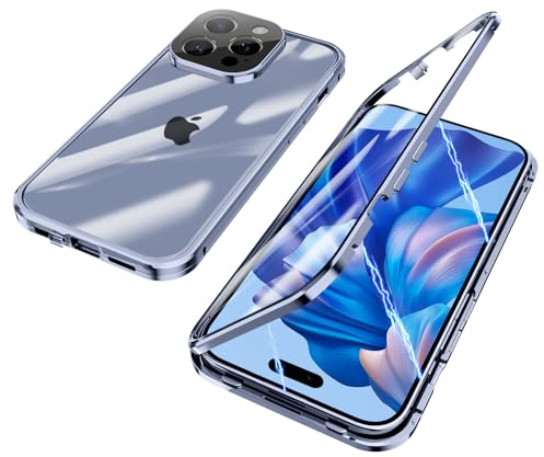 ksscaly Hülle für iPhone 15 Pro Max, 360 Grad Schutz Case mit Safty Lock Magnetische Adsorption Metallrahmen Cover Vorder und Rückseite Gehärtetes Glas Handyhülle für iPhone 15 Pro Max (Blau)