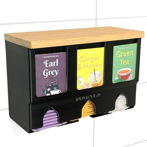 MARTEA Teeregal Wand Teebeutelspender hängend Tee Aufbewahrung schwarz/weiß/grau Küchen Organizer (schwarz, Holzdeckel, inklusive Fachverkleinerung)