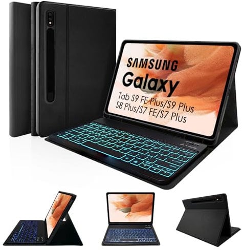 LAMA Backlit Keyboard Case for 12.4 Samsung Galaxy Tab S10+/S9 FE+/S9+/S8+/S7+/S7 FE, Slim Protective Cover Case with Keyboard for Galaxy Tab S7 FE/S9 FE+/S9 Plus/S8 Plus/S7 Plus, UK Layout, Black