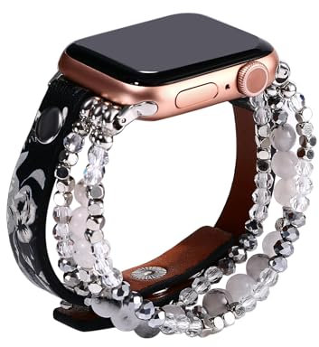 JewelryWe Armband Damen Ersatzarmband Kompatibel mit Apple Watch Armband 38mm/40mm/41mm Vintage Elastisch Perlenarmband Lederarmband iWatch Armband für Series 8/7/SE/6/5/4/3/2/1 Schwarz