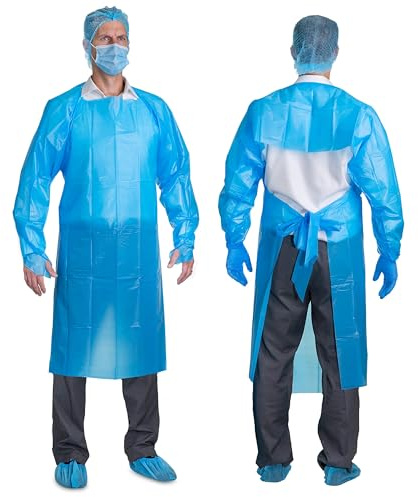 Disposable Blue Gown Disposable Apron with Long Sleeves CPE Non-Sterile Dustproof Disposable Standard Thumb Loop CPE Isolation Gowns (Pack of 10)