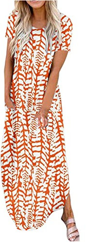 EMATOP Langes Kleider Damen Kurzarm Baumwolle Freizeitkleid Lässig Leicht Maxikleider Sommer Rundhals Strandkleid Bunt Farbverlauf Shirtkleider mit Taschen Tunika Kleid Weich Bequem Blusenkleid