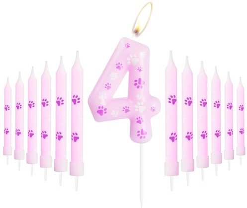 Pink Dog Paw 4th Birthday Candles, Birthday Number 4 Candles for Cake, Pink 4th Birthday Cake Decorations, Pink Cake Topper, Pink Dog Paw Theme for Boys Girls Pet Birthday Party Decorations Supplies