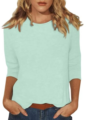 Womens 3/4 Sleeve Tops Solid Color Casual Gym Fashion Daily T-Shirts Ladies Lightweight Summer Round Neck Blouses
