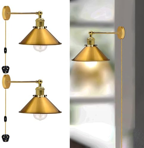 LEDSone Retro Plug in Wall Light Lamps with 2m Plug in Cable Cord and Dimmer Switch, Edison Metal Swing Adjustable E27 Wall Sconce, Vintage Industrial Indoor Bedside Lamp (Brass 2 Pack)