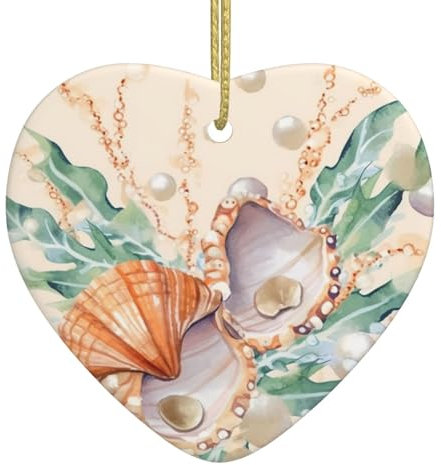 Weihnachtsschmuck, Perlmuschel, Seetang, Illustration, Herz, Keramik, hängende Ornamente mit goldfarbenem Band, Weihnachtsbaum-Hängeornament, lustiger Porzellananhänger, Basteln, Weihnachtsdekoration