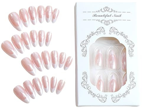 MAEXUS French Tipp - Lot de 24 faux ongles à presser - En forme d'amande - À coller - Brillants - Pour femme - Manucure DIY