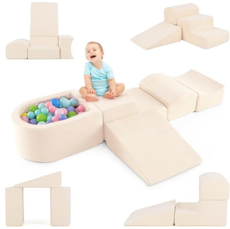 DREAMADE Parcours Motricité Bébé 5PCS avec Housse Lavable, Blocs de Construction avec Piscine à Balles, Module Motricité pour Enfant 3+ Ans (Beige)