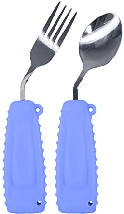 Ehucon Easy Grip Cutlery Set,Adaptive Curved Angled Spoon and Fork Set for Tremors Limited or Elderly,Weighted Utensil Cutlery with Non-Slip Handle (Purple, Left Hand)