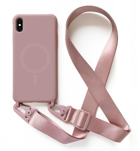 Leather Armor Handykette Hülle für iPhone XS Max mit Band Halsband Lanyard (abnehmbar) Handyhülle, Verstellbarer Lanyard.Magnetisch Stoßfest Silikonhülle Wireless Charging kompatibel .-Rosa