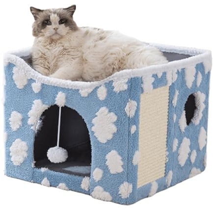 ERNAN Casa Gato Interior Plegable con Rascador para Diversos Estilos de Decoración del Hogar, Cama para Gatos Pequeños Animales Interiores (Blue, S)