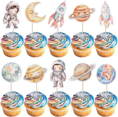 40 Stück Weltraum Tortendeko Sonnensystem Galaxie Universum Kuchen Deko Weltraum Astronaut Cupcake Toppers für Planeten Galaxie Thema Kinder Geburtstag Party Kuchen Dekoration