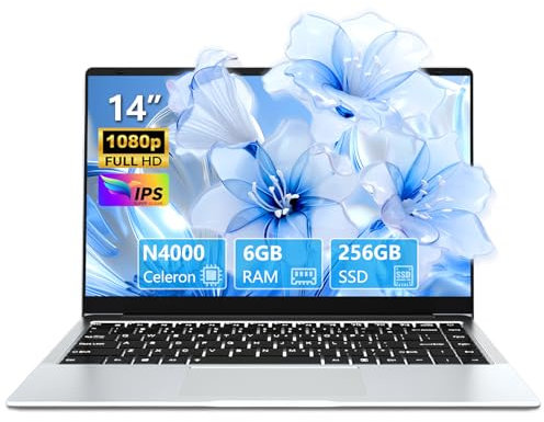 Portatile PC 14,1 pollici, Notebook Celeron N4000 6 GB RAM 256 GB SSD schermo girevole a 180°, Laptop con mini-HDMI, 2*USB 3.0, batteria da 5000mAh, computer PC sottile e leggero color argento