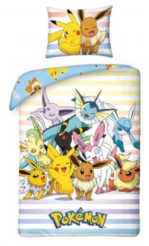 POKEMON Pikachu EEVEELUTIONS EEVEE – Bettwäsche-Set Bettbezug 140 x 200 cm + Kissenbezug 70 x 90 cm – wendbar – 100 % Polyester – mehrfarbig