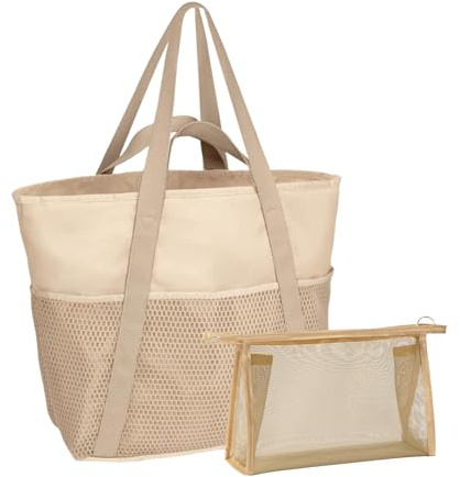 Strandtasche XXL mit Reißverschluss Familie Strandtaschen Netz Mesh Große Strand Tasche Damen Saunatasche Handtaschen Badetasche Einkaufstasche Netztasche Beach Bag Sommertaschen mit 1 Kosmetiktasche
