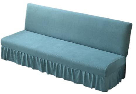 JHOMHF Hochelastischer Futon Schonbezug ohne Armlehnen Rüschenrock Sofa Bettbezug mit elastischer Unterseite einfarbig kinderfreundlicher Futon Möbelschutz(Blue,Small)