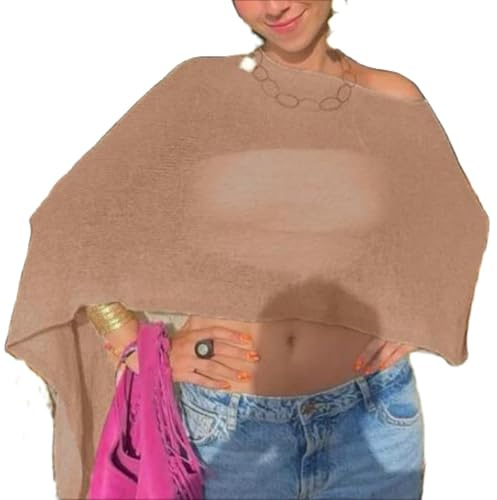 Women Sheer Knit Poncho Lightweight See Through Shrug Top Crochet Y2K Asymmetrical Mesh Shawl Beach Cover Up Lightweight Cape