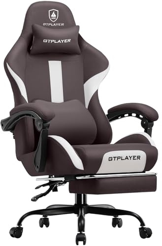 GTPLAYER Fabric Gaming Chair, Ergonomic Computer Chair with Footrest Lumbar Support Heavy Duty High Back Adjustable Height Svivel Office Desk Chairs (Brown)