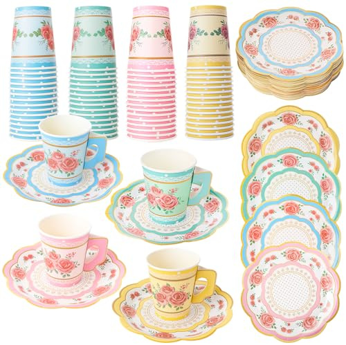 saerryor 60 Sets Vintage Floral Paper Tea Cups Saucers 9oz Cups 7in Plates | Thick Leakproof Paper, Vintage Floral Print with Handles, Cleanup, Ideal for Wedding, Birthday & Afternoon Tea Party