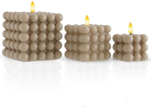 Meisterhome LED Kerzen Set 3er Beige – Bubble Design, Timer, 12/9/7,5 cm – Warmweißes Flackerlicht – Sicher & Dekorativ - Flammenlos - Batteriebetrieben
