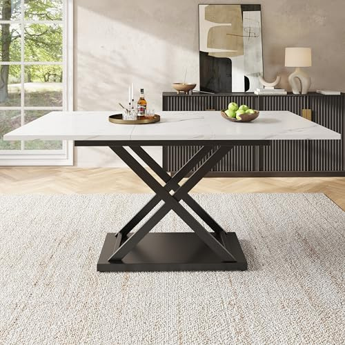 BTM Modern Dining Table 4-6 Extendable Square Marble Kitchen Table for Small Spaces white+Black