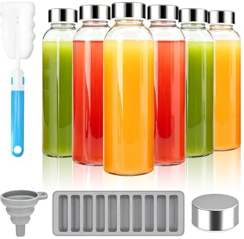 6 Pack Glass Bottles with Lids, 300ml Clear Glass Juice Bottles, Reusable Leakproof Bottle, with Stainless Steel Airtight Lid, Cleaning Brush, Funnel, Ice Stick Tray,for Water,Milk,Juice and Smoothies