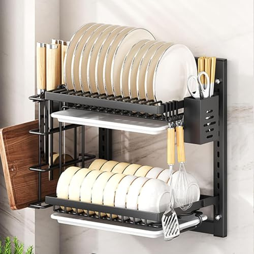 Genérico Escurridor De Platos De Pared En Acero Inoxidable, 3 Niveles Regulables, con Bandeja Recogegotas Y Ganchos, Ideal para Organizar La Cocina(Size:2 Tier 42cm,Color:Negro)