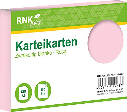 RNKVERLAG 114763 - Karteikarten blanko rosa, DIN A6, 1 Packung à 100 Karten