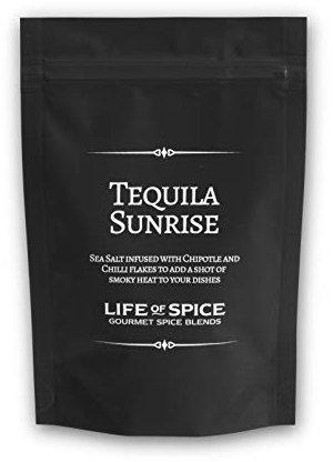 Life of Spice Tequila Sunrise | Great Mexican Flavoured Sea Salt | 75g Pack with Recipe Card | Sea Salt, Chipotle, Crushed Chillies & Lemon Peel| Brilliant for Mexican dishes | All Natural/Gluten Free