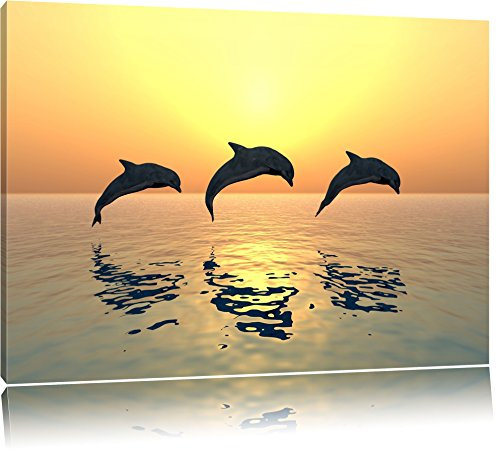 Pixxprint Delfine im Sonnenuntergang, Größe: 100x70cm, Leinwandbild, fertig gespannt, Wandbild, Dekoration, Kunstdruck, kein Poster
