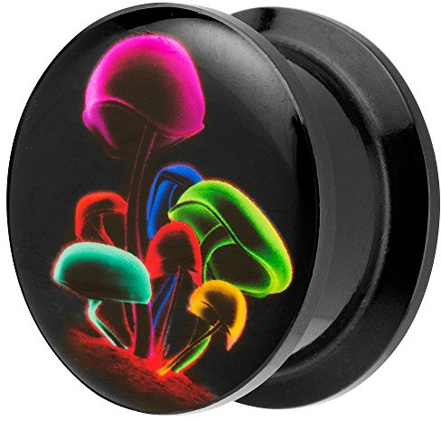 Piersando Ohr Plug Piercing Kunststoff Motiv Comic Picture Flesh Tunnel Ohrplug mit Neon Pilze Bunt Schwarz
