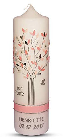 Taufkerze Kommunionkerze Lebensbaum Rosa Mädchen mit Name und Datum 25x7cm Taufe Kerze, 100% Handmade jede einzelne Motiv wird in Handarbeit angefertigt