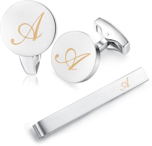 HONEY BEAR Gemelli & Fermacravatta Uomo con Iniziali Alfabeto Lettera per Camicia Matrimonio Commercio Regalo,Argent 5.4cm (A)