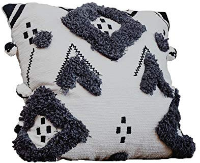 Madam Stoltz Kissenbezug Kissenhülle mit Pompon grau Baumwolle 50 x 50 cm Boho Ethno Skandi