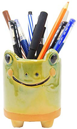 MONMOB Ceramic Frog Pencil Holder Frog Pencil Holder for Desk Accessories Decoration Succulent Plant Pot Office School Ideal Gifts for Women, Mom or Birthdays