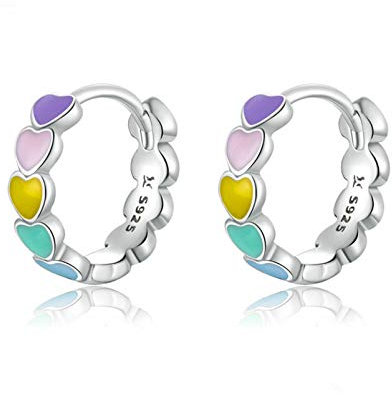 Regenbogen Ohrringe, AILUOR 925 Sterling Silber Creolen für Frauen, Regenbogen Farbe Emaille Herz Creolen für Mädchen Knorpel Süße Huggie Ohrringe Schmuck Geburtstag Valentinstag Geschenke (Silber)