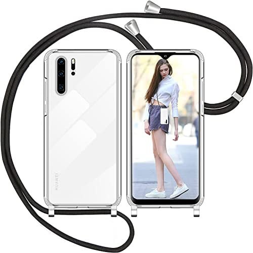 Nupcknn Handykette Hülle für Huawei P30 Pro Hülle TPU Bumper+PC Back Necklace(abnehmbar) Transparent Hülle mit Kordel zum Umhängen Handy Schutzhülle mit Band(Schwarz, 6.47)