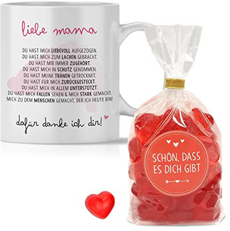 OWLBOOK® Personalisierte Geschenke für Mama zum Geburtstag | Geburtstagsgeschenk | Weihnachtsgeschenke | Danksagung Mit Fruchtgummi Herzen | 300 ml